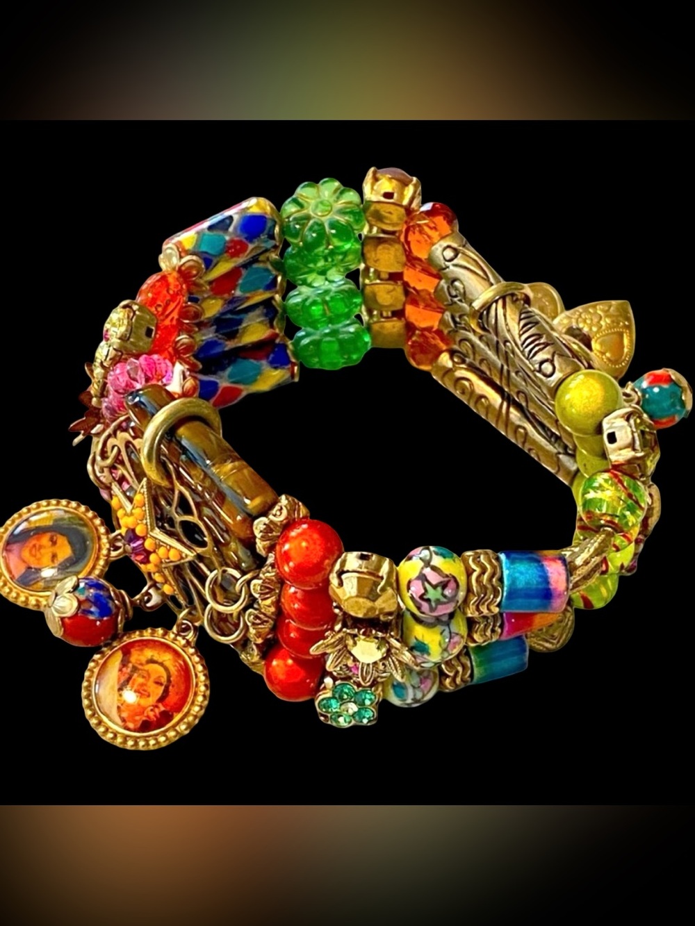 Vintage Signed Les Gens du Sud 4-Strand Beaded Charm Bracelet With Locket